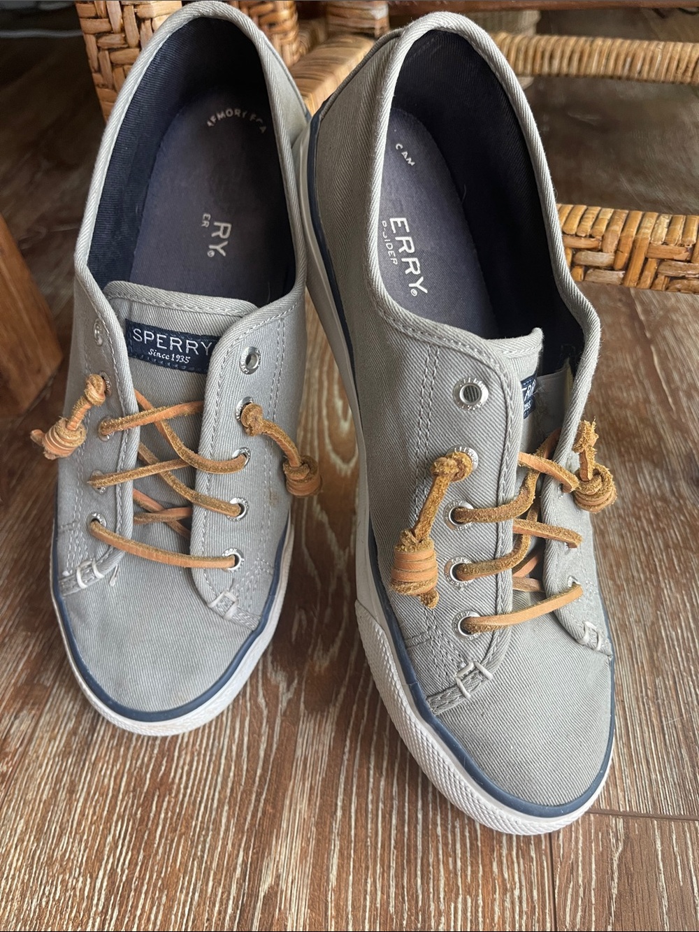 Sperry Light Gray Canvas Boat Shoes with Tan Laces